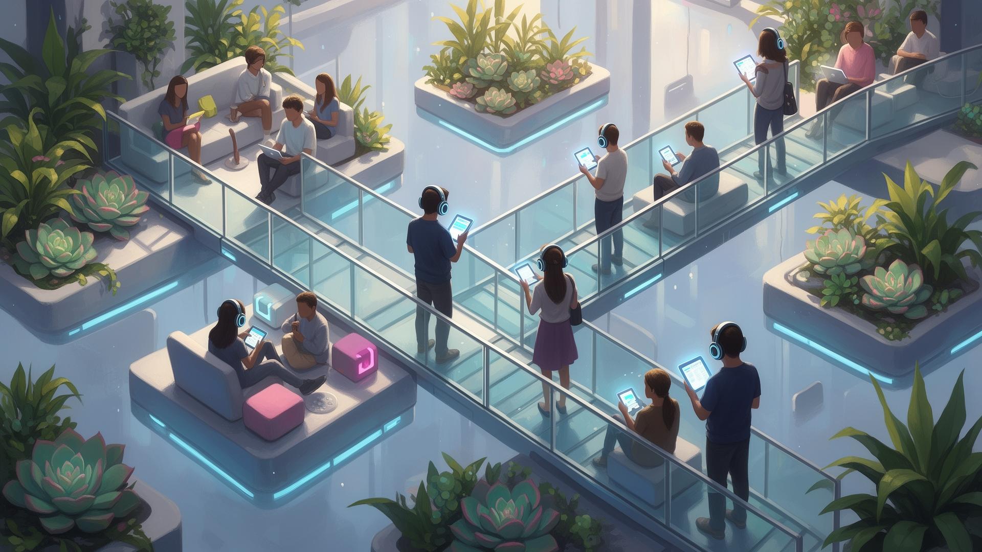 Floating glass lounge with plants and headsets