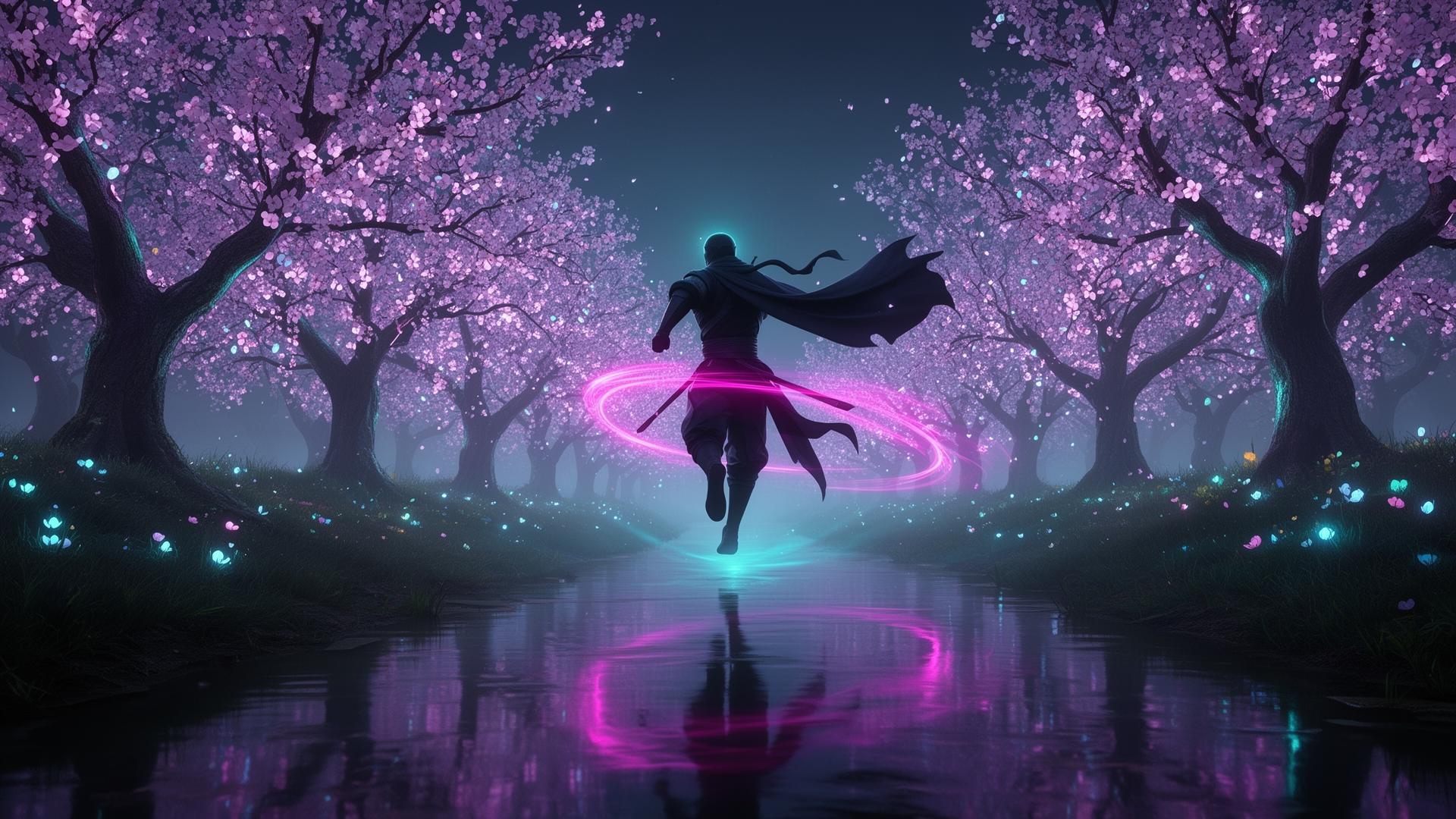 Neon orchard night with motion silhouette